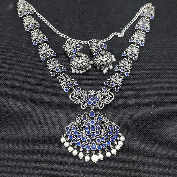 Pearl dangle Chokers / Jhumka Earrings / Oxidized Silver Choker Necklace Set / Polki stone Set / Indian Jewelry set / Black metal Chokers