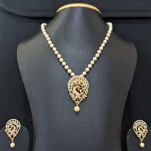 One gram gold plated Pendant Set / Indian Jewelry Set / Peacock Pendant Stud Earrings CZ set / Pearl bead chain necklace /Choker Set / Studs