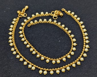 Anklets / Payal / Goulsu / Traditional pearl drop dangling gold plated Indian Anklet / Indian Payal / Antique Jewelry / Casual Wear Golusu