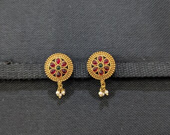 Flower Stud Earring / Antique Gold Plated Pearl dangle Earrings / Indian Earrings / Traditional Studs / Kemp stone Earrings