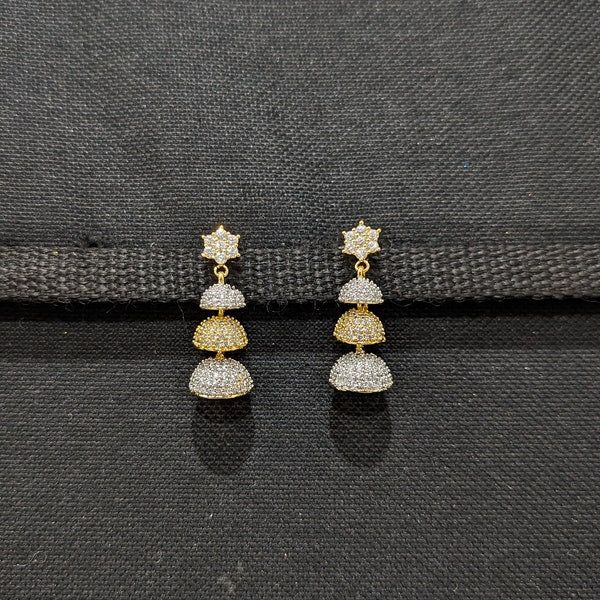 Triple layer CZ Jhumka / Jhumki / CZ Jhumkha / One gram gold - White gold plated Jhumka Earrings / Indian Earrings / Lightweight Jumki