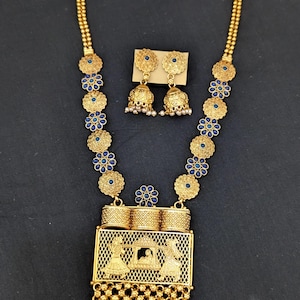 Indian Wedding Theme Haram / Blue Haar / Traditional Long Chain Necklace and Jhumka Set / Indian Ethnic Jewelry Set /Gold plated Jewelry Set