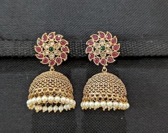 Polki Jhumka / Indian Earrings / Medium Jhumki / Jumki / Filigree Earrings / Gold plated Jewelry / Dangle Earrings / Grand Earrings