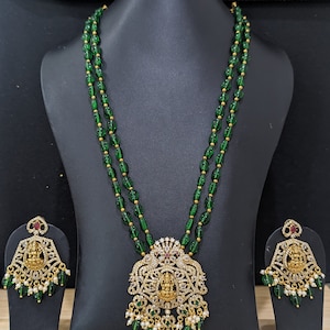 Festive wear CZ Necklace Set / Dual strand Green bead Set / South Indian Traditional Jewelry Set / Bridal Wear Set /Antique gold Pendant set