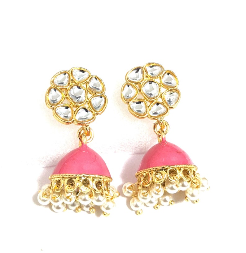 Kundan stud Small Jhumka Earrings Enamel Jhumki earrings Jumki Indian Earrings Casual Wear Kids Earrings Lightweight Earrings