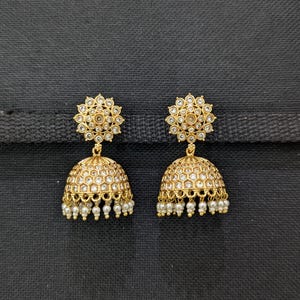 Kemp Jhumka / Indian Earrings / Medium Jhumki / Jumki / CZ Earrings / Gold plated Jewelry / Bridal wear Dangle Earrings / Grand Earrings