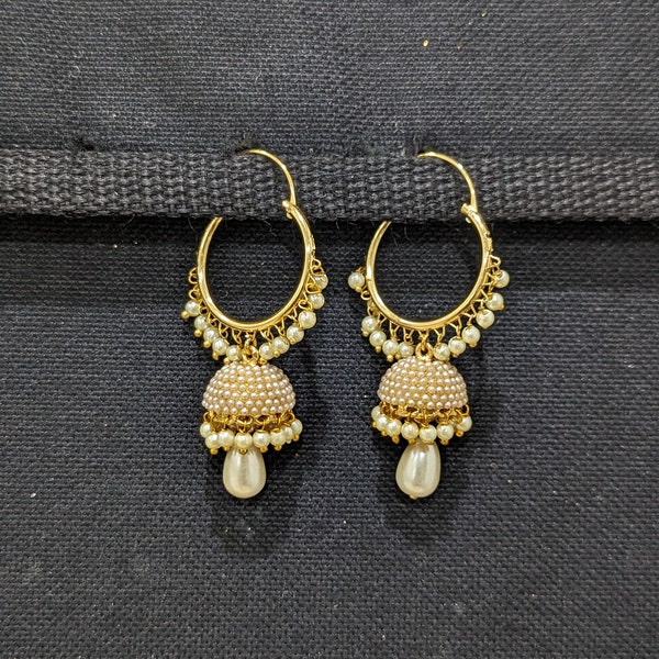 Pearl Hoop Earrings / Jhumka / Bali Ring Gold plated Indian Earrings / Pearl bead dangling Bali Ring Jhumki / Lightweight Earrings