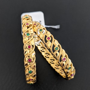 2x4 size Indian Bangles / 3 different designs / Ruby Green CZ Pair Bangles / One gram gold plated Jewelry/ Indian Wedding / Women Bracelet