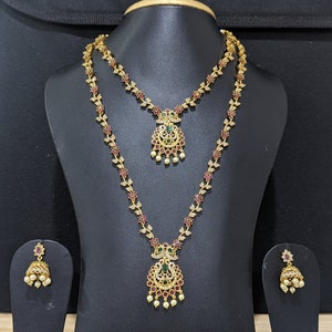 Combo set / Antique Gold plated Long Haram Choker Jhumka Earrings Set / Indian Wedding Jewelry / South Indian Bridal Elegant CZ Jewelry Set