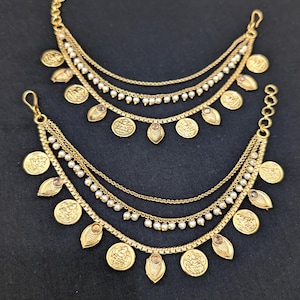 Lakshmi ji Ear Chain / Kaan chain / Champasaralu / Maatal Pearl bead triple layer Indian Traditional Ear Chain / Gold plated Bridal Jewelry