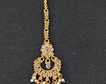 Chandbali Maang Tikka - Gold plated Polki stone Indian tikka / nethi chutti / papidi billa / Grand Tikka Bridal Wear Shiny Tikka Ethnic Wear