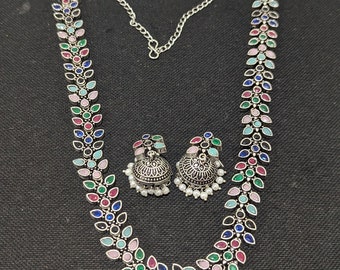 Leaf design Necklace Set / Oxidized Silver Mid length Necklace Jhumka Earrings Set / Indian Traditional Polki Jewelry Sets / Elegant Chain