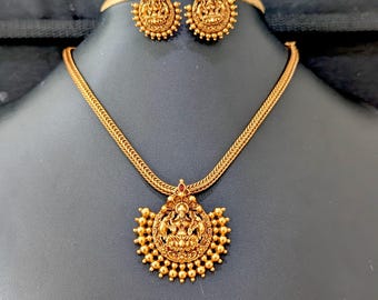 Pendant and Stud Earrings Set / Lakshmi ji design /  Indian Traditional Antique Orange Gold plated sets / South Indian Jewelry / Kemp set