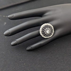 Oxidized silver / German silver CZ stone and pearl surrounded Indian adjustable Finger Ring / Finger Rings / Silver plated / Medium Rings