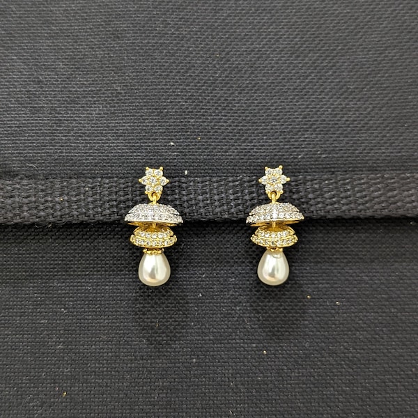 Double layer Jhumki / CZ Jhumka / One gram gold dual tone plated Jhumka Earrings / Indian Earrings / Jumki / Dangle Earrings / White stone