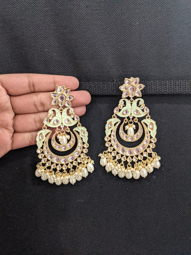 XL Maang Tikka Chandbali Earrings Combo Kundan Earrings Yellow Gold plated Peacock Indian Wedding Jewelry Traditional Earrings Tika