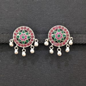 Bright Silver Stud Earrings / Large Stud Earrings / Indian Earrings / Trendy Studs / Kemp Studs / Lightweight Earrings / Round Ghunghru Stud
