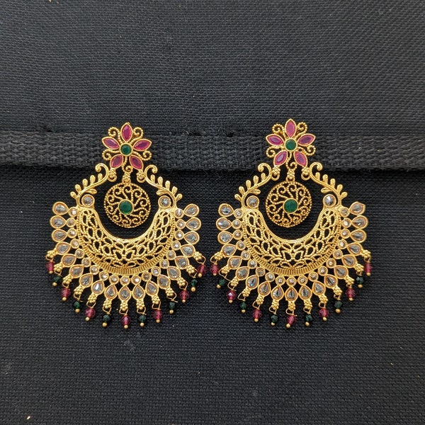 Large Chandbali Earrings / Pearl bead dangle Indian Traditional Earrings / Gold plated Bridal / Wedding Earrings / Grand Polki Earrings