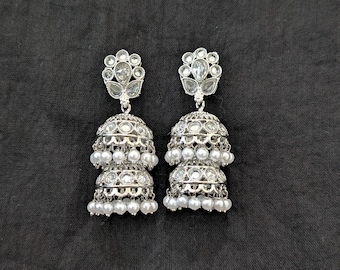 Silver Rhodium Double layer Jhumka Earrings / Indian Earrings / Dangle Jhumki / Jumki / Indian Jewelry / White polki Earrings / Pearl dangle