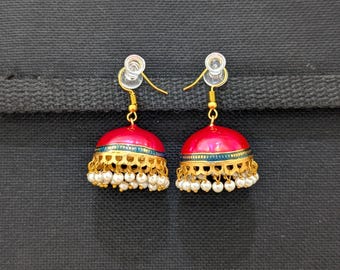 Colorful Enamel Medium Jhumka Earrings / Indian Jhumka earrings / Meenakari Jhumki / Jumki / Jhumkas / Pearl bead dangle Jumki / Casual wear