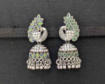 Peacock Jhumka Earrings / Shiny white stone Jhumki / Antique Silver plated Earrings / Indian Jewelry / Lightweight Jhumka / Jhumki / Jumki