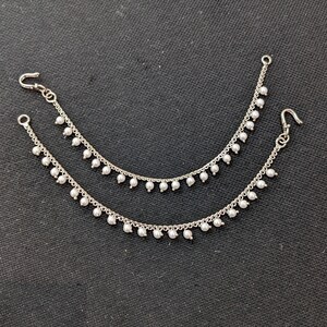 Bright Silver plated Kaan chain / Pearl bead dangle Earrings Chain / Simple Champaswaralu / Single layer Kaan Chain / Traditional Maatal
