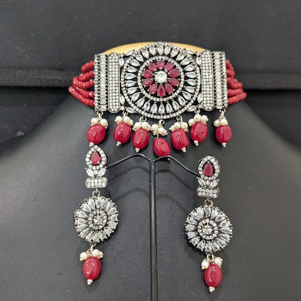 Shiny Crystal Bead Choker Necklace Set / Black Rhodium Plated / CZ stone / Indian Jewelry sets /  Statement Jewelry / trendy / Stylish Set