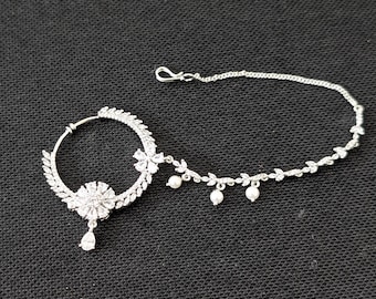 Big Nose ring / Nath / Grand Clip on Nose Ring with gold - silver chain / Traditional Bridal CZ stone nath / Indian Style Nath for wedding