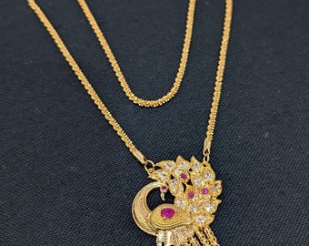 Peacock design Micro gold plated CZ stone Pendant Necklace / Indian Jewelry / Thick chain with Pendant / Casual Wear CZ Long Chain