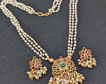 Kemp Pendant Necklace and Stud Earrings set / Triple stranded Pearl chain / Indian Jewelry set / Flower design / Shiny Gold plated Set