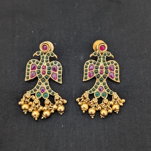 Temple Jewelry / Antique gold Chandbali Earrings / Peacock Indian Traditional Earrings / Kemp Earring / 2 in 1 Bridal Earring / Desi Wedding