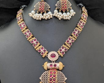 Roze CZ Duits zilver set / tweekleurige geoxideerd zilveren choker en oorbellen set / Adigai Designer Wear / Statement ketting Chandbali