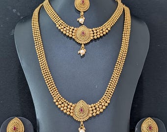 Combo set / Gold plated Long Haram Choker Stud Earrings Maang Tikka Set / Indian Wedding Jewelry / South Indian Bridal Jewelry