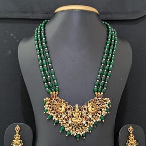 Kemp Necklace Set / Triple strand Green bead Set / South Indian Traditional Jewelry Set / Bridal Wear Set / Antique gold plated Pendant set