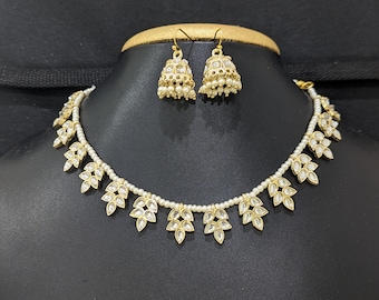 Kundan stone Choker Necklace Jhumka Earrings set / Yellow gold plated Jewelry Set / Indian Traditional Jewelry / Casual Choker Pearl Chain