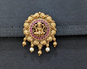 D1 - Medium Clip on Brooch / Temple Jewelry / Lakshmi Hair Brooch - Hair Accessory / Jada Billa / Antique gold plated Bridal Clip on Pins