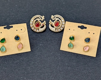 5 colors changeable Stud Earrings / Antique gold plated Indian Earrings / Trendy Earrings / CZ Earrings / Mid size Stud Earrings / Studs