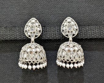 Jhumki en forme de larme / Jhumka indien / Jhumka polki blanc / Boucles d'oreilles Jumki en argent rhodié / Boucles d'oreilles légères / Boucles d'oreilles brillantes / Jumki