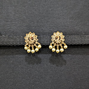 Ruby White CZ Stud Earrings / Antique Gold plated Studs / Indian Earrings / Casual Earrings / Peacock Studs / Pearl dangle Stud Earrings