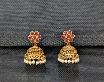Pearl bead dangle Dark Gold plated Small Jhumka Earrings / Polki Jhumki / Indian Earrings / Jhumki / Casual Wear Lightweight Jumki