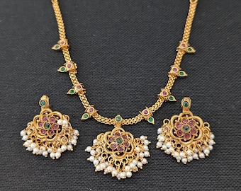 Guttapusalu Choker Necklace and Chandbali Earrings set / Pearl cluster bead Gold plated Jewelry / Indian Traditional Kemp Necklace set