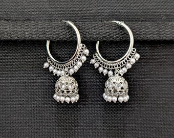 Hoop Earrings / Pearl bead hanging Ring Bali Earring / Silver Rhodium Ring Earrings / Indian Ethnic Jewelry /Jhumka / Jhumki / Jumki / Jumka