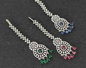 CZ White gold Indian Tikka / Chandbali Maang Tikka - Diamond look alike tikka / Platinum finish Bridal Wear / CZ Tikka / Indian Wedding