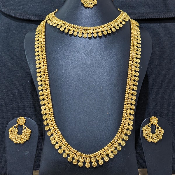 Combo set / Gold plated Long Haram Choker Chandbali Earrings Maang Tikka Set / Indian Wedding Jewelry / South Indian Bridal Jewelry Set