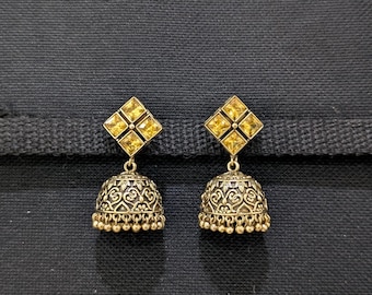 Antique gold Jhumka Earrings / Colorful CZ dangle Jhumki / Oxidized gold Indian Earrings / Jhumki / Medium Jhumka / Casual Wear Medium Jumki