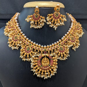 Temple Jewelry Set / Grand Guttapusalu Choker Necklace Earrings set / Orange Matte Gold Jewelry set / CZ stone Pearl cluster Indian Jewelry