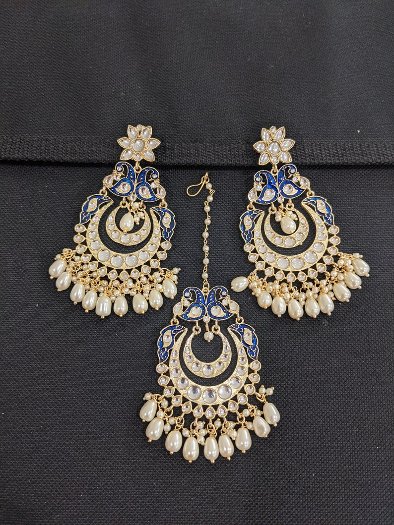 XL Maang Tikka Chandbali Earrings Combo Kundan Earrings Yellow Gold plated Peacock Indian Wedding Jewelry Traditional Earrings Tika