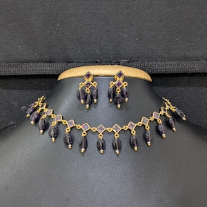 Purple Bead dangle Choker Necklace Stud Earrings set / Casual Indian Jewelry Sets / One gram gold plated Necklace set / CZ stone beaded Set