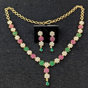 Flower Choker Set/ Faux Pearl Choker set / One gram gold plated CZ Set / Elegant Necklace set / Indian Jewelry set/ Choker Set / Simple set