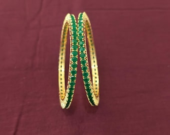 Green CZ Bangles / Indian Bangles / One gram gold plated Pair bangles / Indian Wedding / Elegant Women Bangle Bracelet / Casual wear